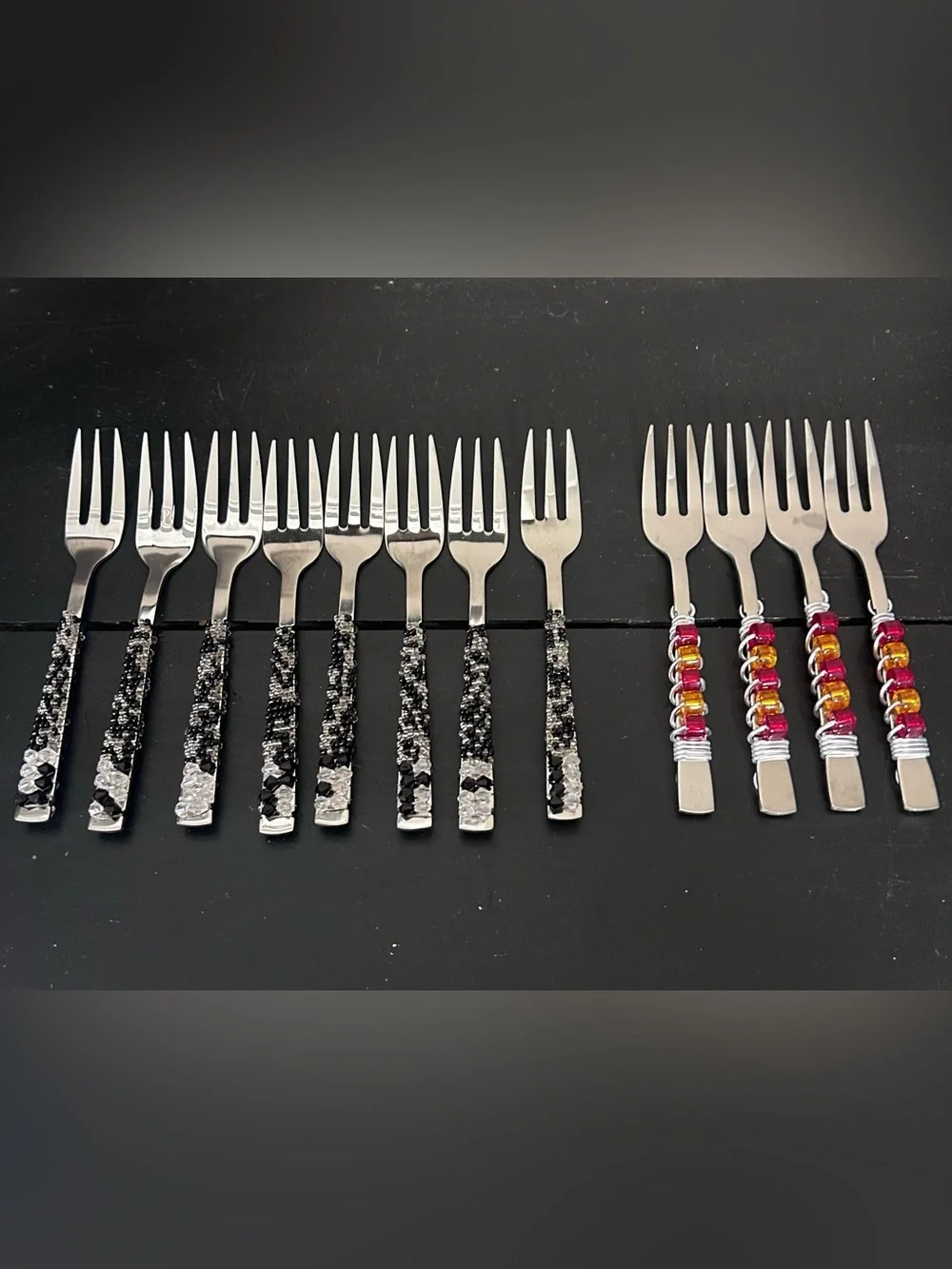 Beaded Handle Dessert Forks - Black and Silver Accent (Set)